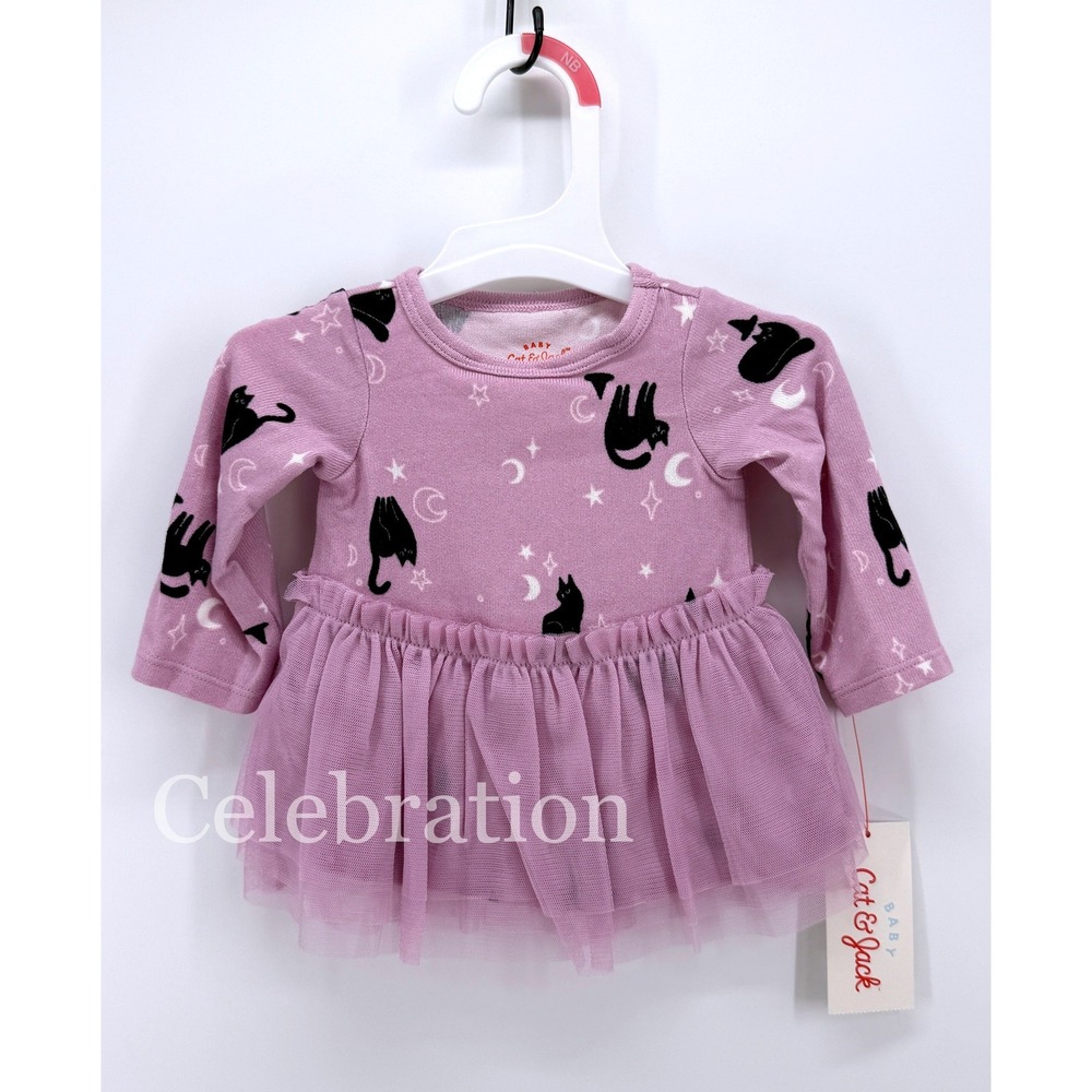 Cat & Jack Baby Girl Newborn Purple Black Cat Moon Star Tulle Tutu Dress NWT